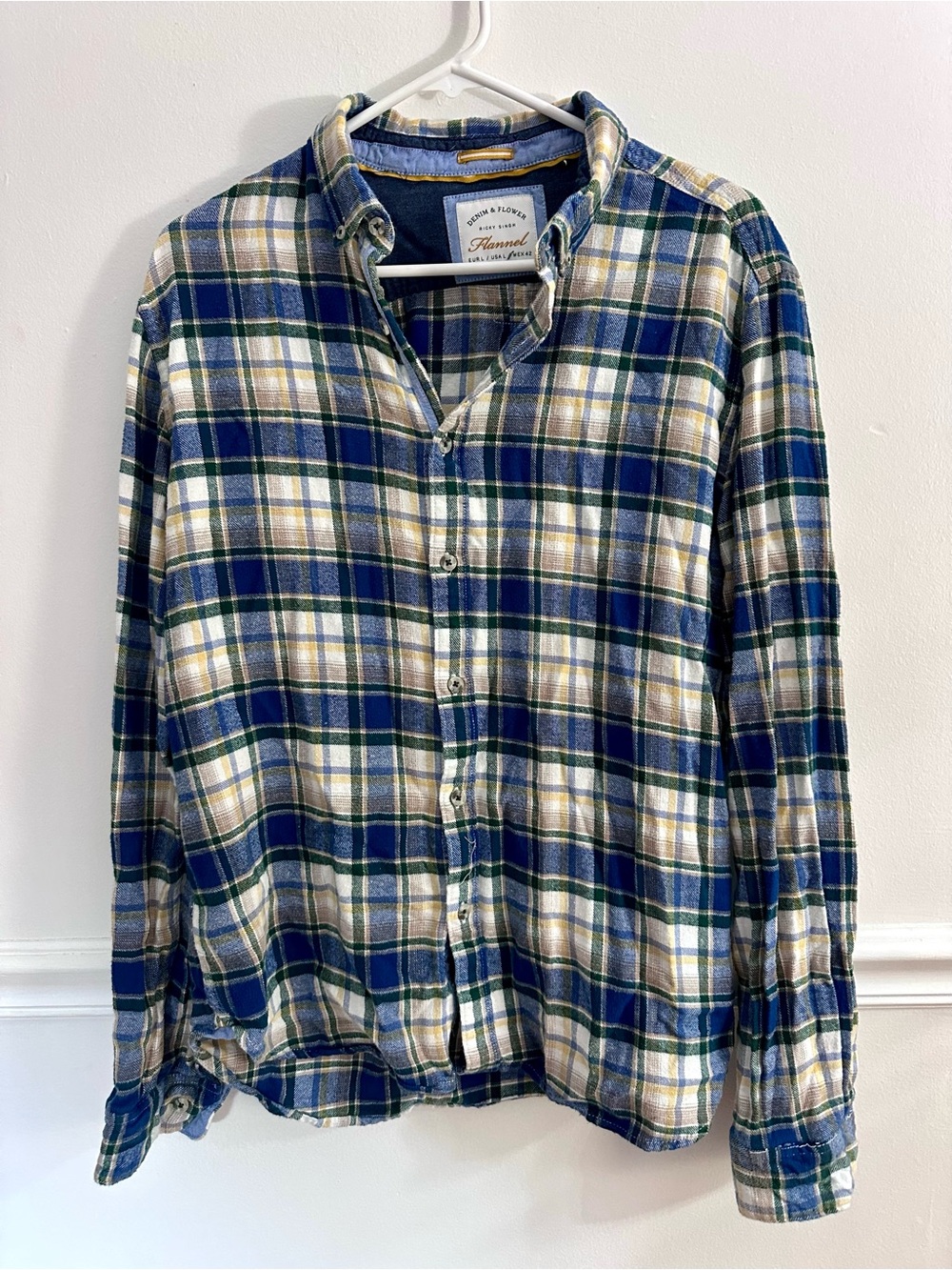 Denim & Flower by Ricky Singh long sleeve flannel shirt Large Blue Green Plaid
